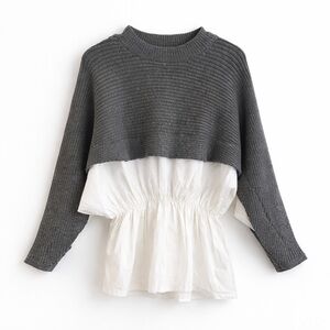 Jovonna London Layered Sweater Shirt Peplum Top Gray White One Size